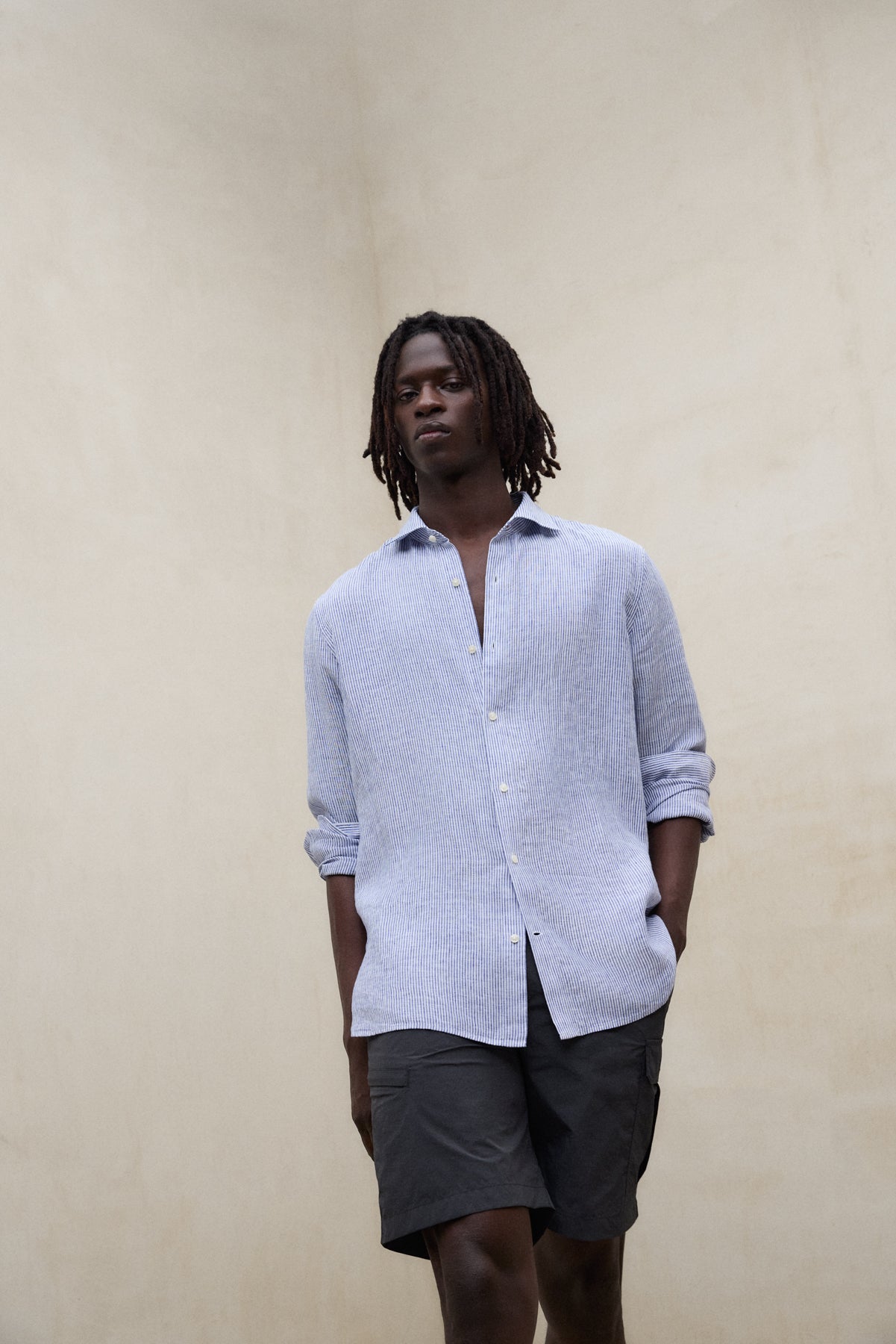 CHEMISE ALFREDO EN LIN À RAYURES BLEU MARINE